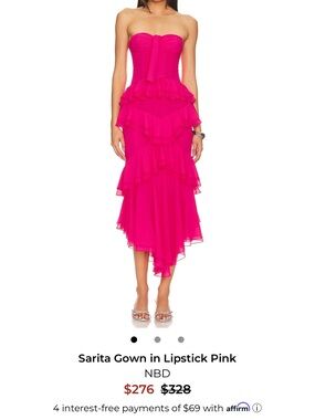 NBD Sarina Gown Lipstick Pink Strapless Ruffle Midi Dress